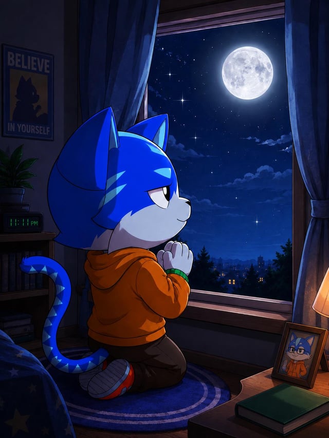 A digital illustration of a Sonic the Hedgehog-style anthropomorphic blue cat character kneeling by a window at night, gazing at a full moon, with a 'BELIEVE IN YOURSELF' poster and clock reading 11:11 PM visible in the cozy room.