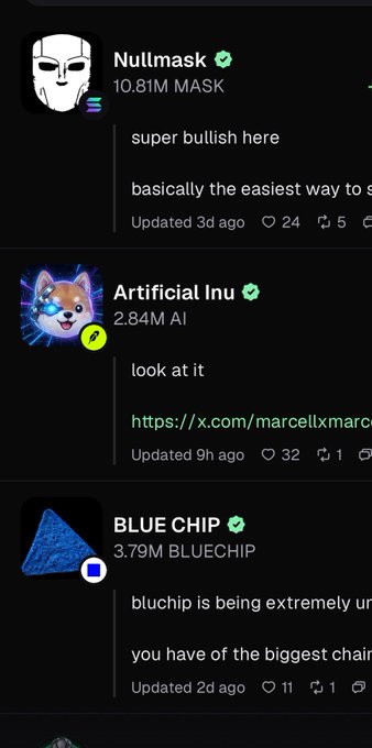 A screenshot showing three cryptocurrency project listings: Nullmask (10.81M MASK), Artificial Inu (2.84M AI), and BLUE CHIP (3.79M BLUECHIP), each marked with green verification checkmarks and displaying brief project descriptions with engagement metrics like likes and reposts. The image visually represents the "top 3 coins in crypto to buy right now" mentioned in the caption, featuring the $MASK, $AI, and $BLUECHIP tokens being promoted across Solana, Robinhood App, and Base platforms.