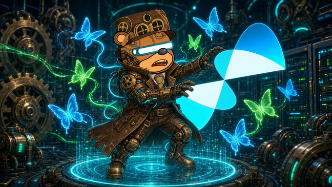 A steampunk bear character with a hat and glowing visor interacts with a large blue butterfly logo surrounded by smaller glowing butterflies.