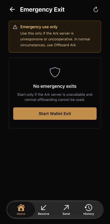 A mobile app screen showing an 'Emergency Exit' page with a warning to use only if the Ark server is unresponsive, featuring a 'Start Wallet Exit' button.