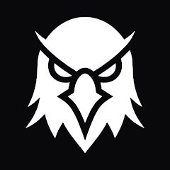 A white stylized graphic of an owl's face on a solid black background.