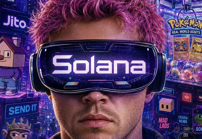 A man with pink hair wearing a futuristic VR headset displaying the 'Solana' logo, surrounded by a vibrant, chaotic digital background featuring 'Jito', 'Pokémon Real World Assets', 'SEND IT', and 'Mad Lads' references.