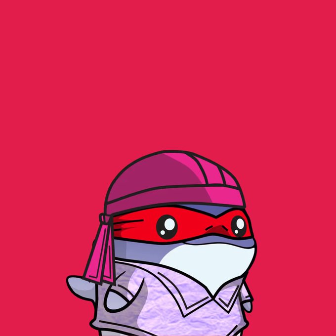 A cartoon ninja turtle character with a red bandana and a purple head wrap stands against a solid red background.
