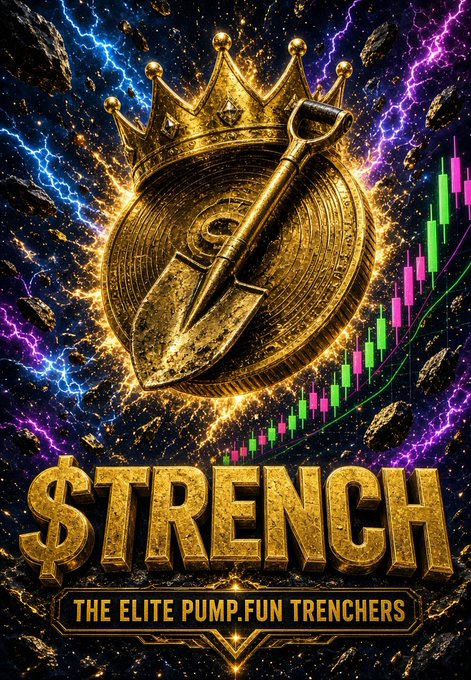 Dramatic digital artwork featuring a golden coin with a crown and shovel emblem, set against a cosmic background with stock chart candles and lightning, with the text '$TRENCH - THE ELITE PUMP.FUN TRENCHERS'.