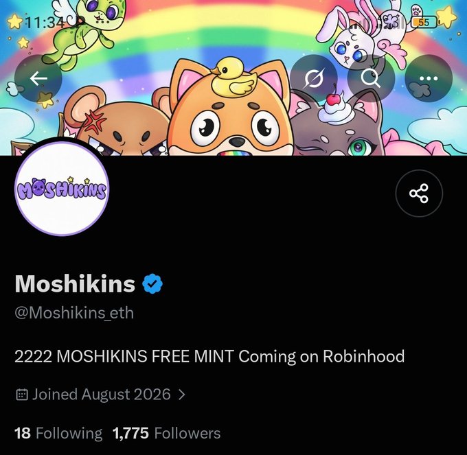 A Twitter/X profile page for "Moshikins" (@Moshikins_eth), a verified account with 1,775 followers, announcing "2222 MOSHIKINS FREE MINT Coming on Robinhood" with a colorful kawaii animal banner.