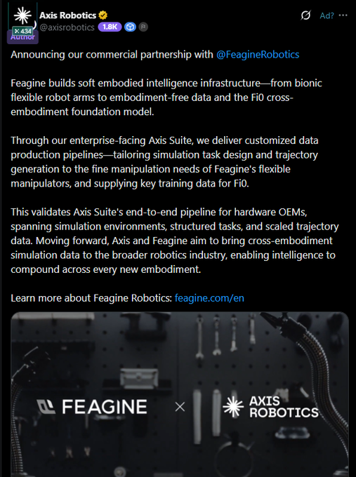 A Twitter/X post by Axis Robotics (@axisrobotics) announcing a commercial partnership with @FeagineRobotics, detailing their collaboration on soft embodied intelligence infrastructure, with a 'FEAGINE × AXIS ROBOTICS' image at the bottom.