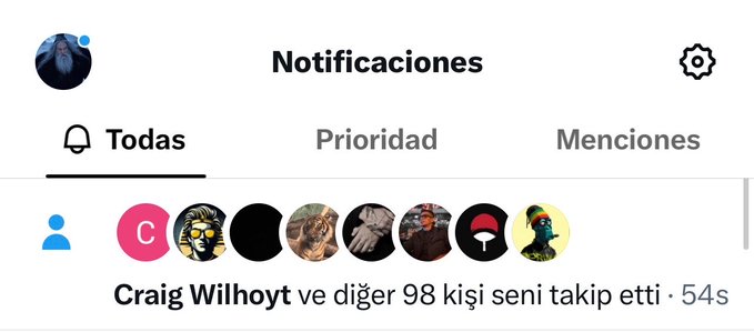 Screenshot of a Twitter/X "Notifications" page highlighting a recent follower notification showing "Craig Wilhoyt ve diğer 98 kişi seni takip etti · 54s" (Craig Wilhoyt and 98 others followed you, 54 seconds ago), aligning with the post's theme of welcoming new followers and celebrating community growth.