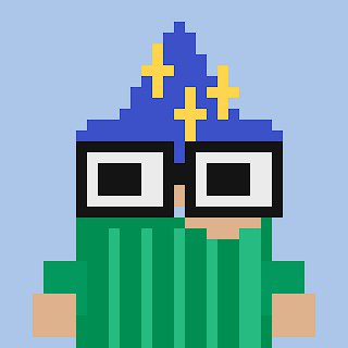 A pixel art character wearing a blue wizard hat with yellow crosses, black-rimmed glasses, and a green robe.