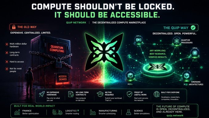 The image features a black and green poster that highlights the importance of using strong passwords for computer networks, specifically the importance of using "quip network" as an example. The poster also contains information about the Quip Way website and its services, which could be related to quantum computing or another topic in IT. While there is text on the poster, it does not provide enough context for a complete understanding of what it's promoting.
