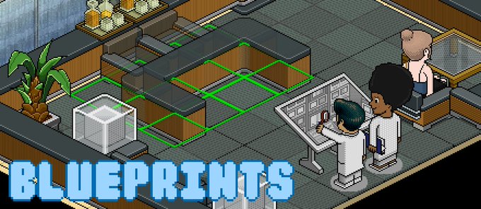 An isometric pixel art illustration of an office space labeled 'BLUEPRINTS' with characters examining plans, surrounded by cubicle walls and office furniture.