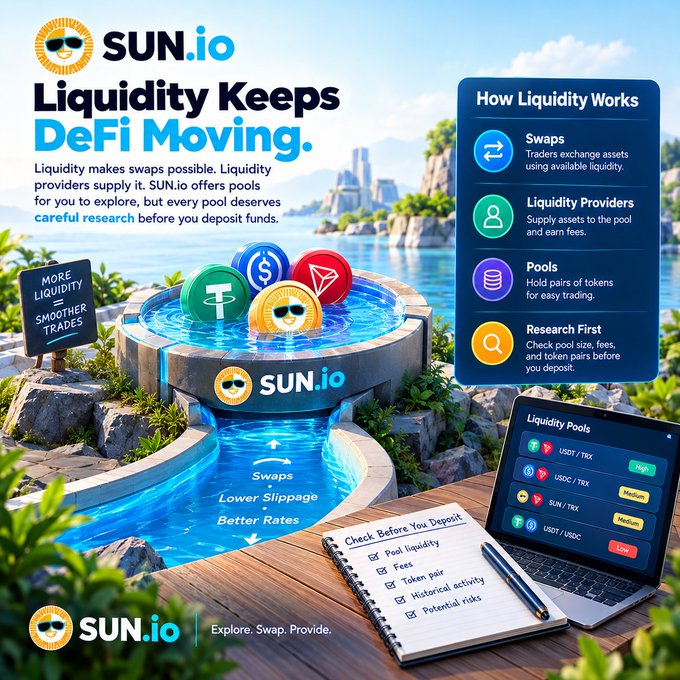 A SUN.io promotional infographic titled "Liquidity Keeps DeFi Moving" explaining how liquidity pools work for swaps, featuring token icons (USDT, TRX, USDC, SUN) and a checklist for "Check Before You Deposit."