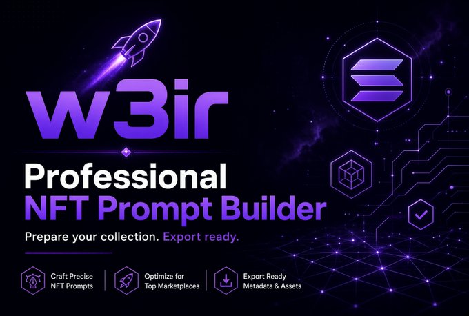 A promotional banner for 'W3ir Professional NFT Prompt Builder' featuring a purple rocket, geometric icons, and features: 'Craft Precise NFT Prompts', 'Optimize for Top Marketplaces', and 'Export Ready Metadata & Assets'.