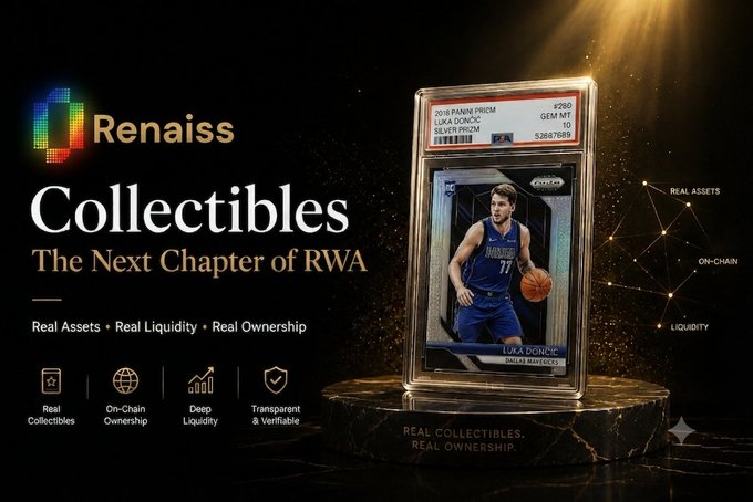 A promotional graphic for "Renaiss Collectibles - The Next Chapter of RWA" featuring a PSA-graded 2018 Panini Prizm Silver Prizm Luka Dončić card (Gem Mint 10, #280) displayed in a protective case, with text highlighting "Real Assets, Real Liquidity, Real Ownership" and features like On-Chain Ownership and Transparent & Verifiable records.

The image directly illustrates the accompanying post's point about expanding RWA beyond traditional assets like real estate and gold to include collectibles—specifically a graded Luka Dončić basketball card, which exemplifies how sports memorabilia can be tokenized through Renaiss's platform.