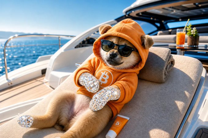 A Shiba Inu dog wearing an orange Bitcoin hoodie and sunglasses, lounging on a yacht with diamond-encrusted paws, with a tube of Bitcoin-themed sunscreen beside it.