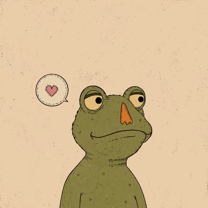 An illustrated green frog looks upward with a speech bubble containing a pink heart next to its head against a beige background.