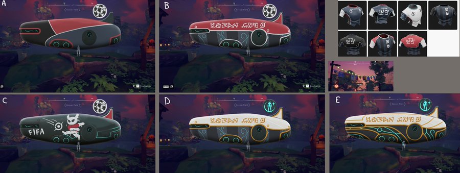 A multi-panel screenshot showing the evolution of a custom zeppelin design for "The Swamp" event, progressing from a plain black and red airship (A) to versions featuring "VIENNA GIVES" text (B, D, E), a "FIFA" logo with a crowned figure (C), and a grid of team jerseys representing various countries. The image visually demonstrates the concept-to-reality development of the airship customization options, with the final design incorporating the event branding as players are encouraged to select their country's jersey.