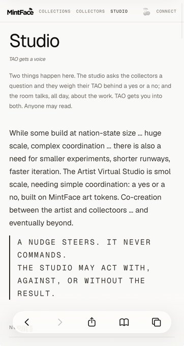 A screenshot of the MintFace website's Studio page, with text explaining that 'TAO gets a voice' and describing the Artist Virtual Studio as a small-scale co-creation space built on MintFace art tokens.