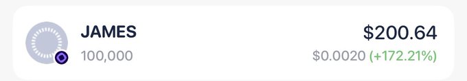 A wallet named "JAMES" received an airdrop of 100,000 tokens valued at $200.64, with the price showing $0.0020 and a 172.21% increase, aligning with the post about receiving a free memecoin airdrop without purchasing it.