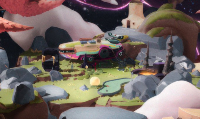 A colorful digital artwork or 3D render of a vibrant, futuristic landscape featuring a green, organic-looking vehicle or structure on a grassy floating island with pink and purple hues in the sky.