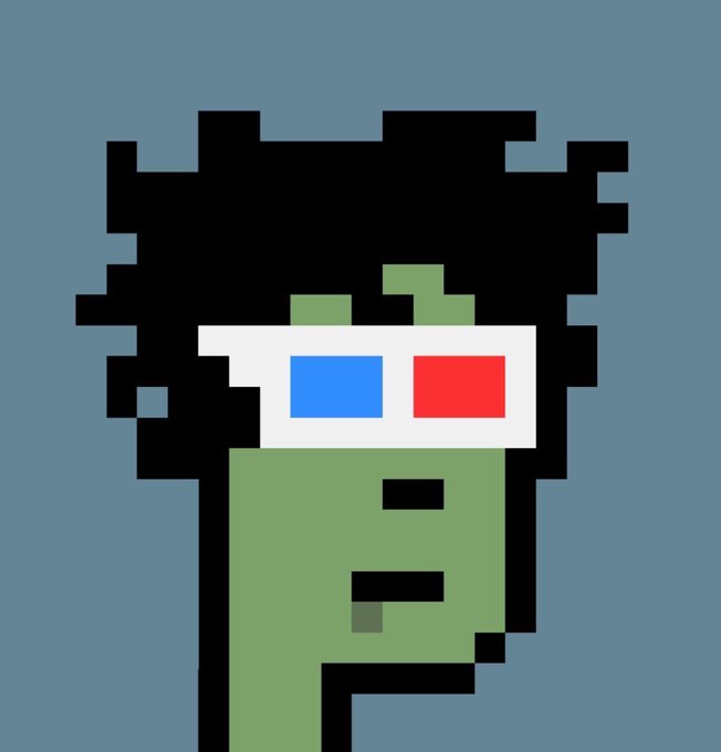Pixel art portrait of a green zombie-like character wearing red and blue 3D glasses.