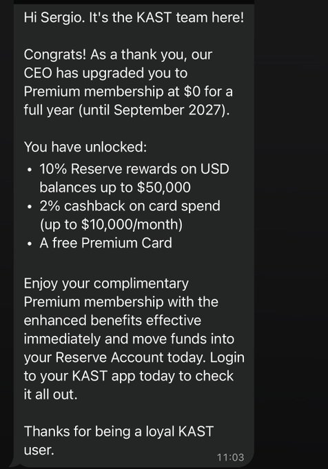 A screenshot of a message from KAST team informing Sergio about a complimentary Premium membership upgrade for a year, including 10% Reserve rewards and 2% cashback.