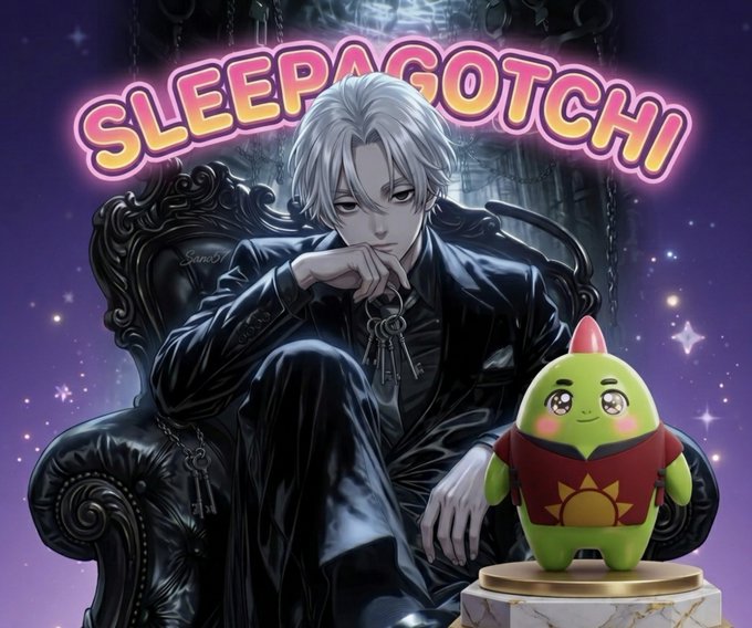 An anime-style illustration titled "SLEEPAGOTCHI" featuring a white-haired character in black sitting on a leather chair holding keys, with a green cactus-like character with a sun emblem on a pedestal beside him.