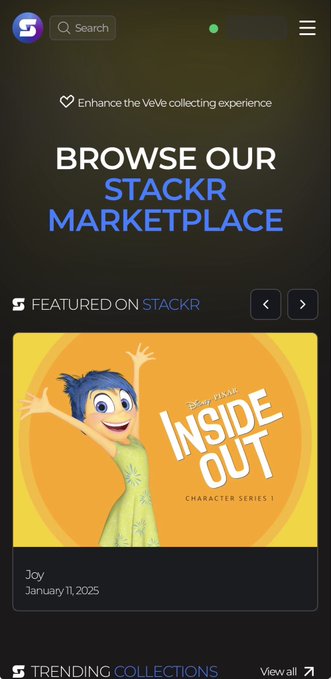 A mobile screenshot of the STACKR platform's homepage featuring the STACKR Marketplace, with a highlighted Inside Out Character Series 1 'Joy' drop from January 11, 2025.