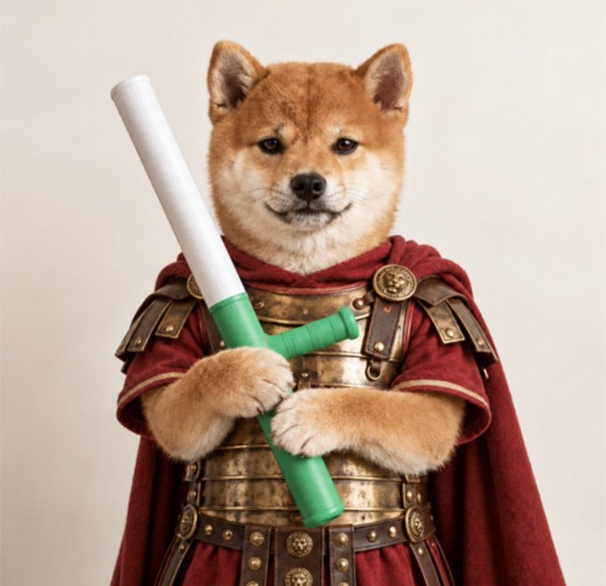 A Shiba Inu dog is dressed in Roman-style armor with a red cape and holds a green and white toy sword.