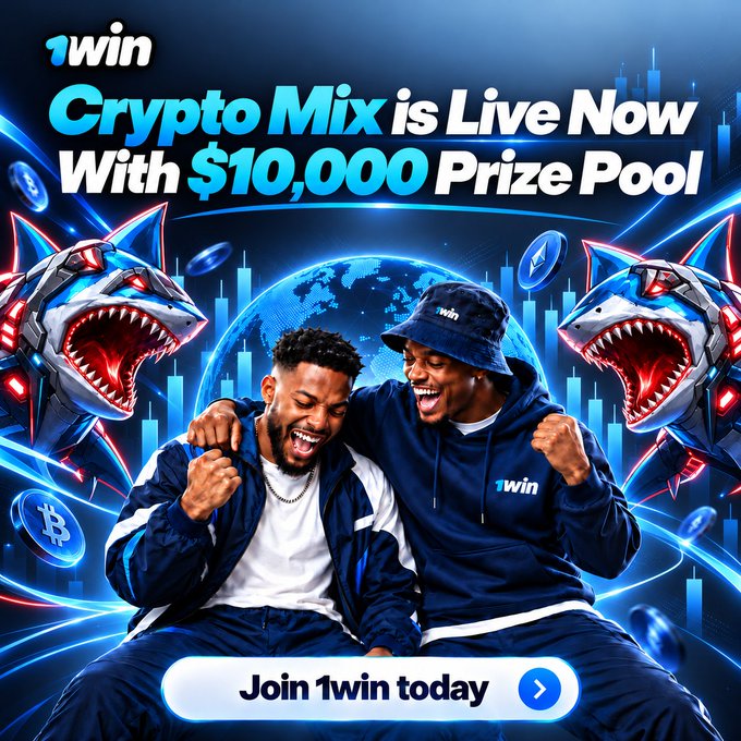 Promotional advertisement for 1win featuring two men in branded apparel celebrating, with text 'Crypto Mix is Live Now With $10,000 Prize Pool' and a 'Join 1win today' button, flanked by robotic sharks and floating crypto coins.