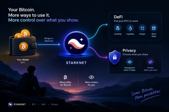 An infographic for the cryptocurrency 'STARKNET' showing a wallet containing Bitcoin bridging to the Starknet platform. The text reads 'Your Bitcoin. More ways to use it. More control over what you show.' and illustrates DeFi features like Lending, Liquidity, and Swaps, along with Privacy options. The bottom right says 'Same Bitcoin. More possibilities.'