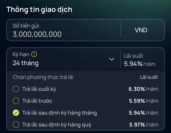 A Vietnamese banking app screen displays transaction information for a 24-month deposit of 3,000,000,000 VND with a selected interest rate of 5.94% per year.