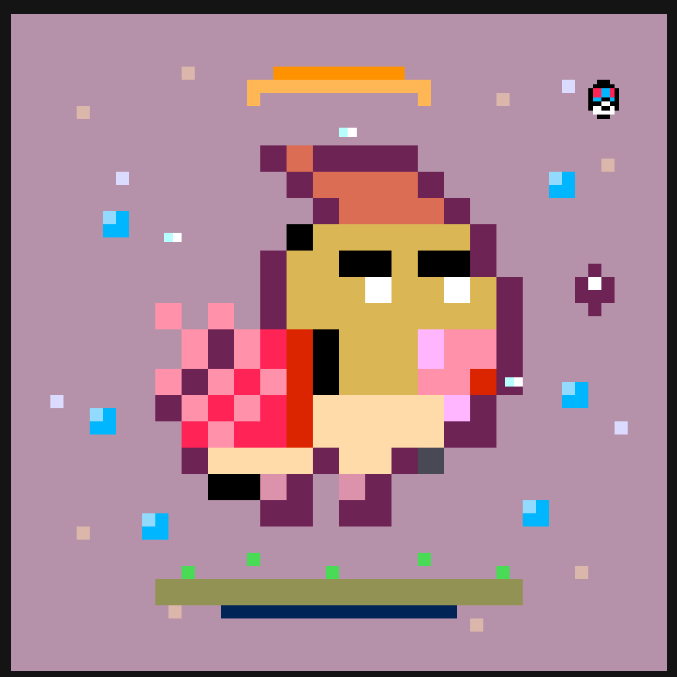 Pixel art depicting a cartoon character with a hat and a flowing red cape flying through a pink space with small floating cubes, a UFO above, and a planet-like object to the upper right.