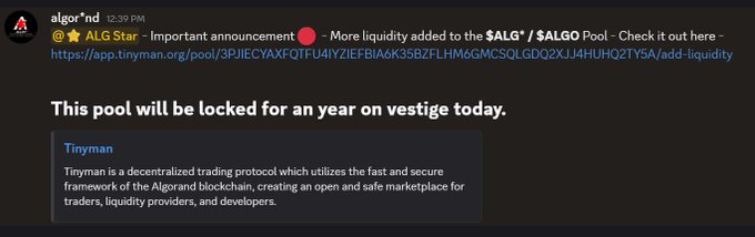 The image shows a screenshot of an online message posted by Algrod, possibly on Twitter or Facebook. The main focus is on the information about a pool named "ALG*" that has been locked for a year. The message includes details about a star in one corner and mentions the importance of this announcement to everyone's attention. There is also an attached image with the title "Pool ALG*". However, since we cannot see the text or read the message, it is not possible to provide further information or context about the content of the message.