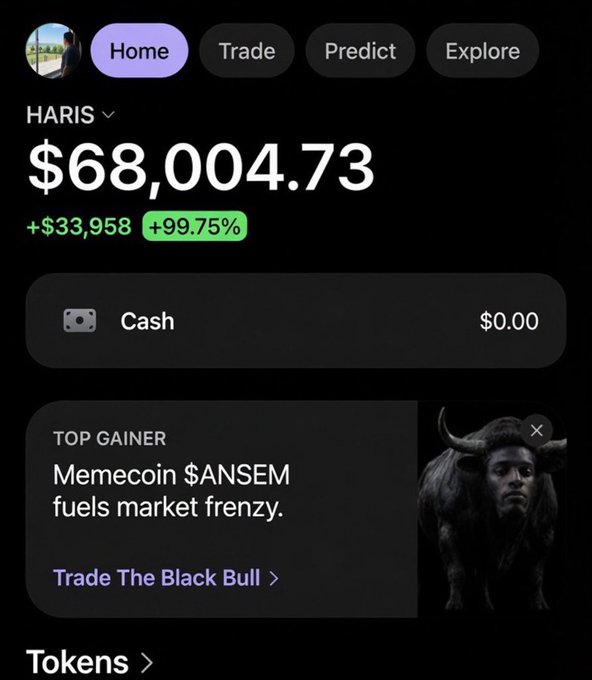 A screenshot of a crypto portfolio app displaying a balance of $68,004.73 (+99.75% gain) under the username HARIS, featuring a promotional banner for "Memecoin $ANSEM" called "The Black Bull." The image serves as social proof for an airdrop promotion, showcasing substantial crypto gains to attract users to join the associated Telegram channel.