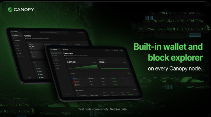 A promotional graphic for 'CANOPY' showcasing a built-in wallet and block explorer feature on every Canopy node, displayed on tablet screens with a green digital background.
