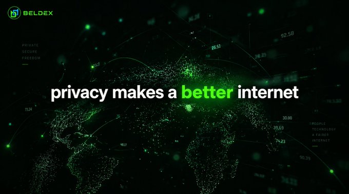 A dark promotional graphic for "BELDEX" featuring a green digital globe with network lines and numbers, displaying the slogan "privacy makes a better internet" and the words "PRIVATE SECURE FREEDOM."