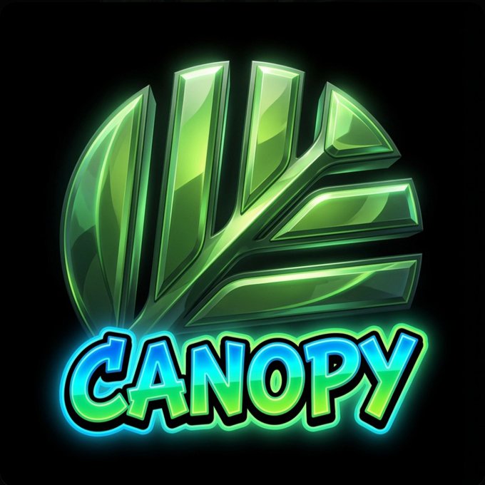 A glowing neon logo featuring green leaf-like blades above the word 'CANOPY' in blue and green gradient text on a black background.