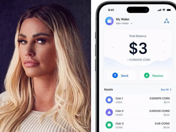 Split image showing a blonde woman in a professional portrait on the left and a smartphone screen displaying a crypto wallet called 'My Wallet' with a $3 total balance on the right.