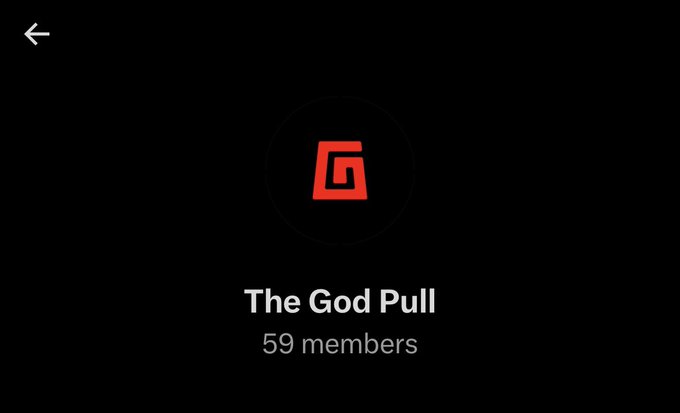 A community profile screen for "The God Pull" displayed on a black background, featuring a red stylized "G" logo and noting "59 members," illustrating the exclusive invite-only group mentioned in the post where the user has just been added by @betty_nft.