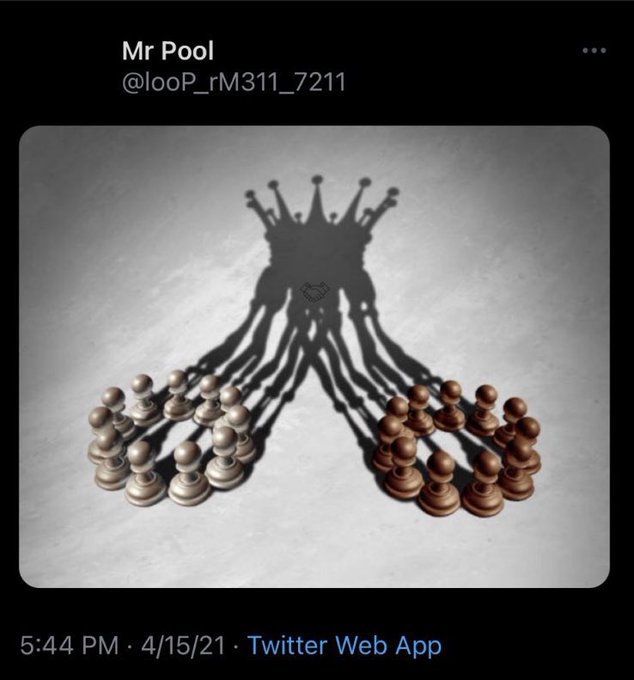 A chessboard scene shows pawns casting a combined shadow shaped like a crown and king piece, illustrating the tweet by "Mr Pool" (@looP_rM311_7211) posted via Twitter Web App at 5:44 PM on 4/15/21, which proclaims "$XRP" the "King of Crypto" while dismissing others as mere pawns.