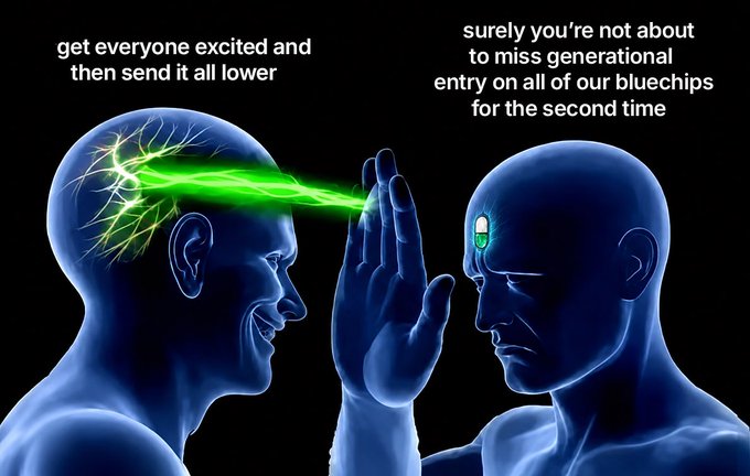 This meme, titled "Protect Your Conviction at All Costs," humorously depicts how market manipulation can tempt investors to "get everyone excited and then send it all lower" by missing "generational entry on all of our bluechips for the second time."