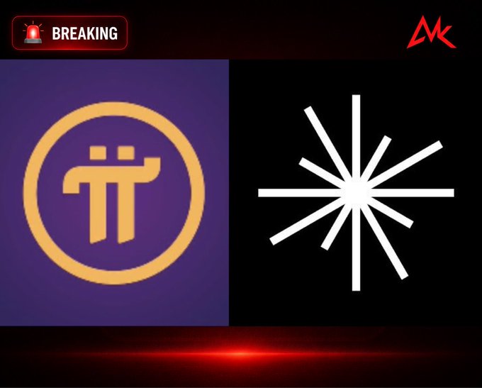 A 'BREAKING NEWS' style graphic with a red siren icon, displaying the Pi Network logo (π) on a purple background alongside a white starburst/sunburst logo on a black background, with an 'MK' logo in the corner.