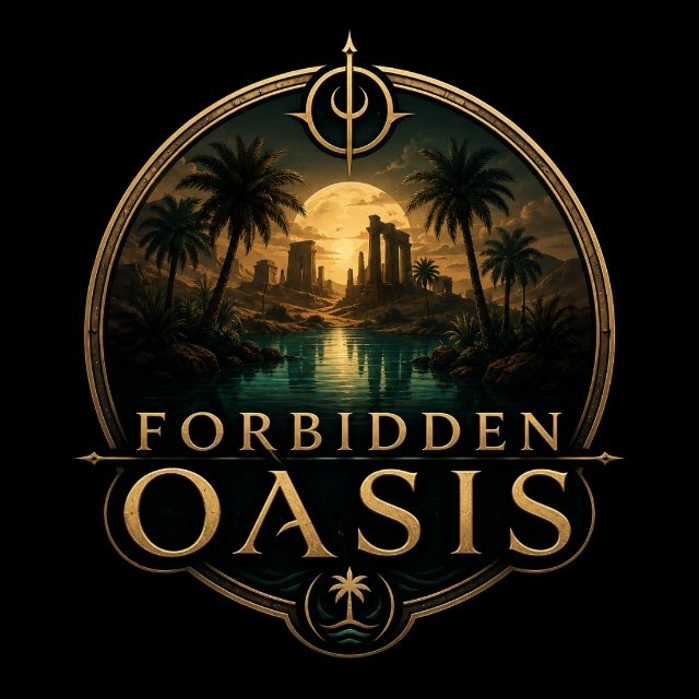 Logo for 'Forbidden Oasis' featuring palm trees, ancient ruins, and a moonlit water scene in a circular golden emblem.