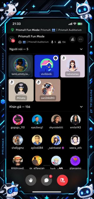 A PrismaX Fun Mode voice chat room interface showing 5 speakers and 156 listeners, with usernames including iamLummyJa, vivitiluvit, kalanaraa, Minato, and sari246910.
