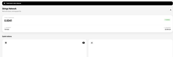 A dashboard for "STRING NETWORK" displays a total earnings of 0.0041 USD with a mining rate of 1.0 W/d and a countdown of 23:39:24 remaining, consistent with the post's mention of a free mobile cloud mining platform.