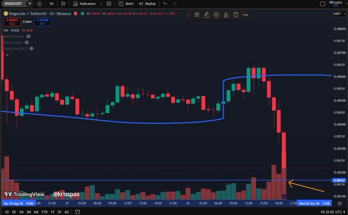 A TradingView chart of DOGE/USDT on Binance shows Dogecoin's price plummeting sharply on the 1-hour timeframe, with a yellow arrow highlighting the recent low at $0.08167—matching the post's mentioned Fibonacci support level—as volume spikes during the 13:00 UTC sell-off on August 29.
