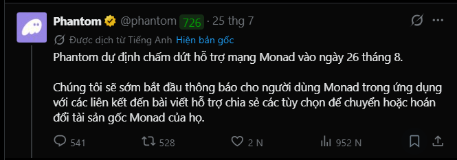 A tweet from 'Phantom' (@phantom) translated from English, stating their intention to end support for the Monad network on August 26th, with 541 replies, 528 retweets, and 952K views.