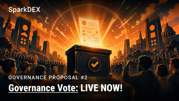 The image features a poster with an orange background that displays a black box containing a white circle, which has a red "V" symbol inside of it. The text above the image reads "Governance Vote!: Live Now!". The poster also includes a link to the website "sparkdex.com".