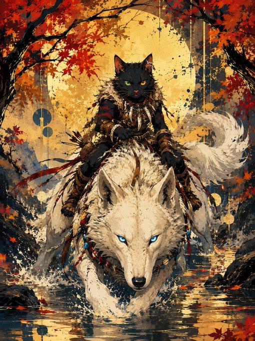 A black cat warrior with striking green eyes, dressed in fur and leather armor, rides a white wolf with piercing blue eyes through a shallow stream, set against a dramatic backdrop of autumn foliage and a large glowing moon. The image embodies the post's theme of alpha leadership, portraying the cat as a fierce tribal leader commanding a powerful wolf companion through the wild.