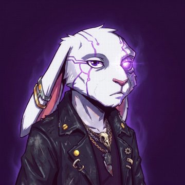 A digital illustration of a white anthropomorphic rabbit character with purple glowing eyes, wearing a black leather jacket and gold chain, set against a purple background.
